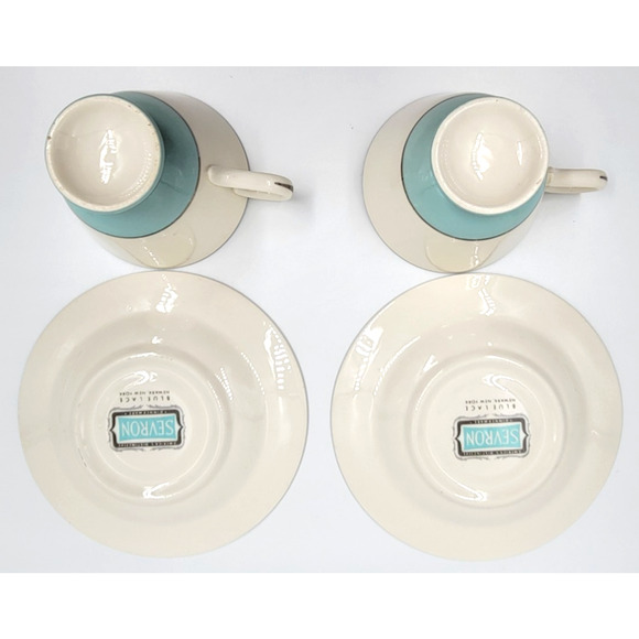 Sevron Powder Blue Lace Tea Coffee Cup Saucer Silver Trim 1950's Set of 2 - Picture 9 of 16